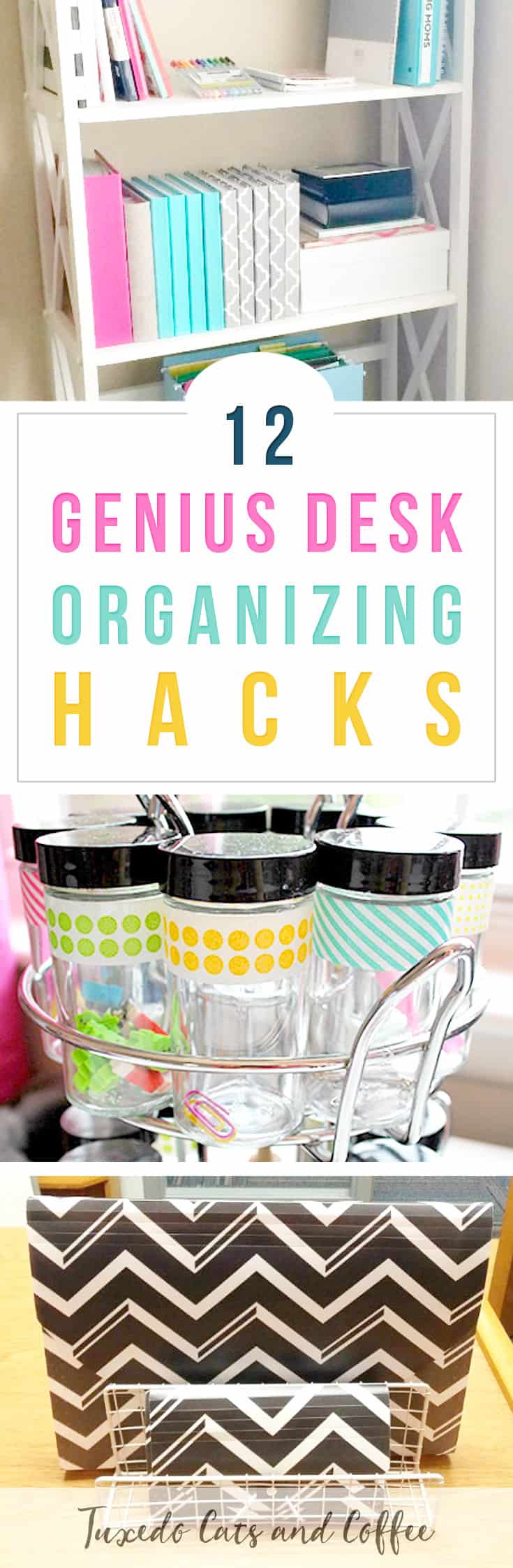 Is your office or desk space a cluttered mess? Are you finding it hard to be productive or get things done because you can't find anything and your desk is covered in papers and junk? Here are 12 genius desk organizing hacks to help get your home office together!