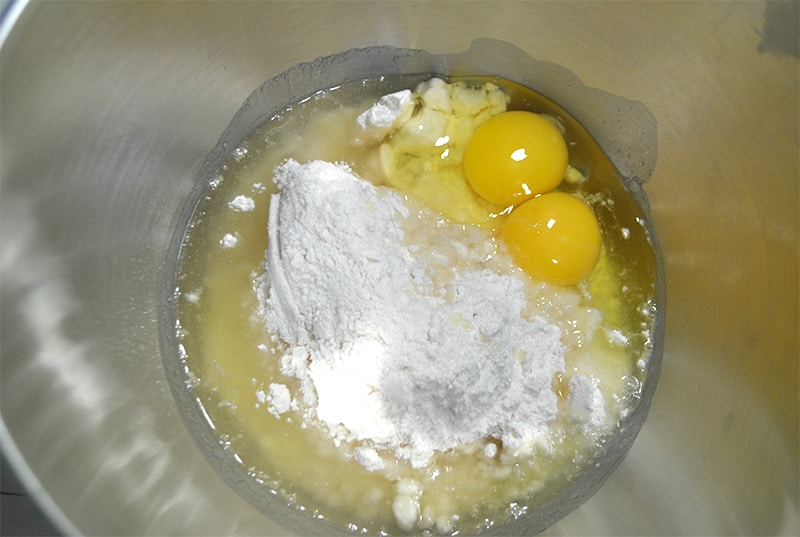 Mixing cake mix and eggs
