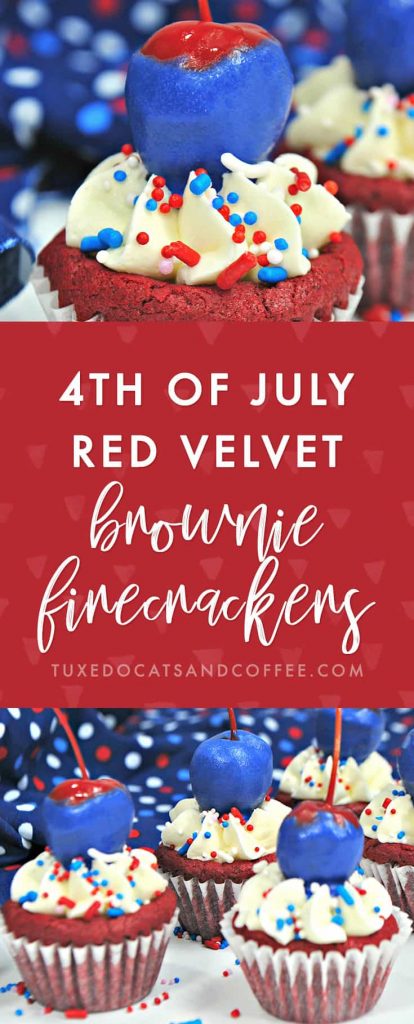 If you're looking for a fun and patriotic 4th of July dessert recipe for your cookout or fireworks watching party, try these red velvet brownie firecrackers! They're a red velvet brownie in a cupcake liner with a cute chocolate-dipped blue cherry on top for a POP.