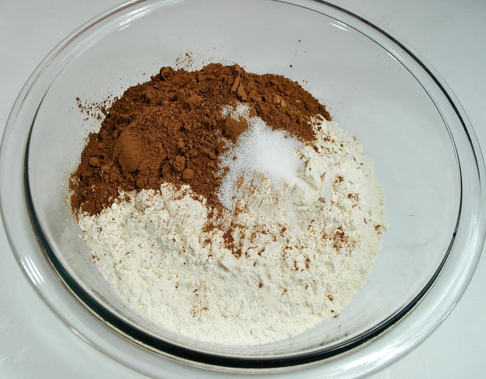 Mixing flour, cocoa, and salt separately