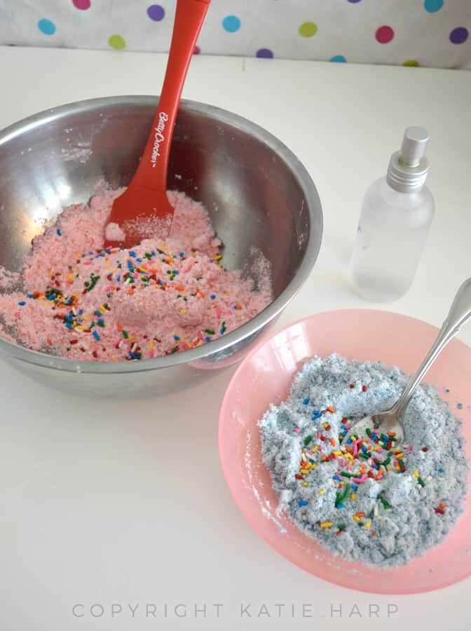 Adding sprinkles to the bath bombs
