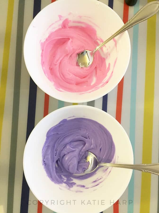 Dying the frosting pink and purple separately