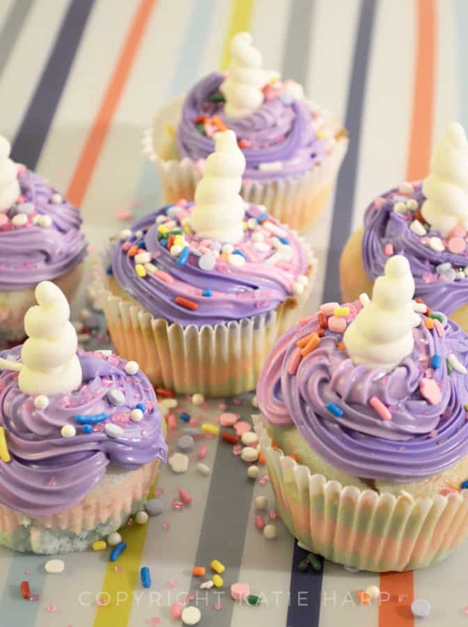 Unicorn cupcakes with frosting and horns