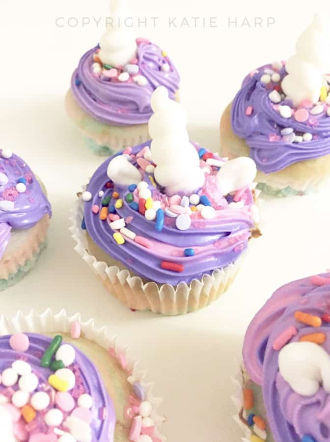 Completed magical unicorn cupcakes