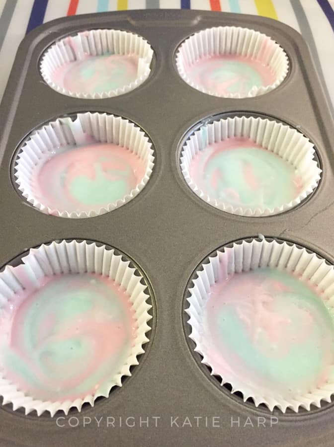 Swirl the pink and blue batter colors together