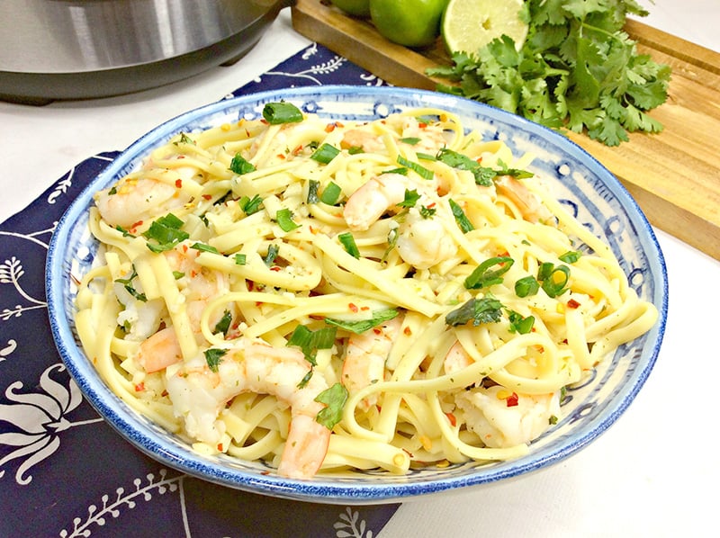 Plated Instant Pot Cilantro Lime Shrimp Scampi Pasta